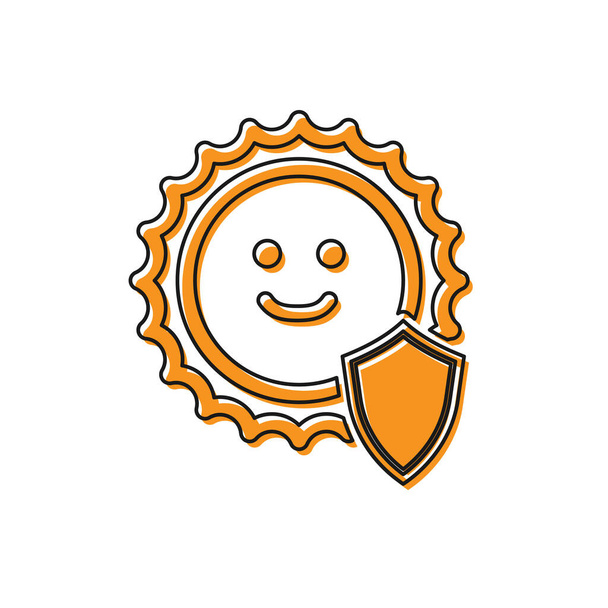 Pomarańczowa ikona ochrony UV na białym tle. Słońce i Tarcza. Promieniowanie ultrafioletowe promieniowania. SPF znak niedz. Ilustracja wektorowa - Wektor, obraz