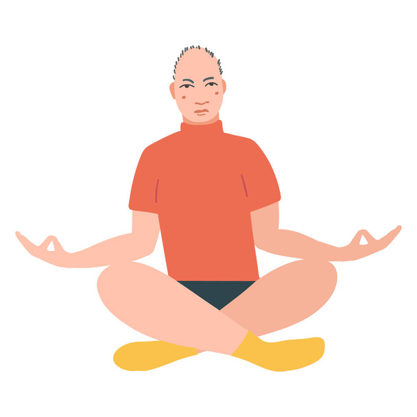 Jovens homens bonitos realizando exercício de ioga. Personagem de desenho animado masculino sentado na postura de lótus e meditando vipassana
 - Vetor, Imagem