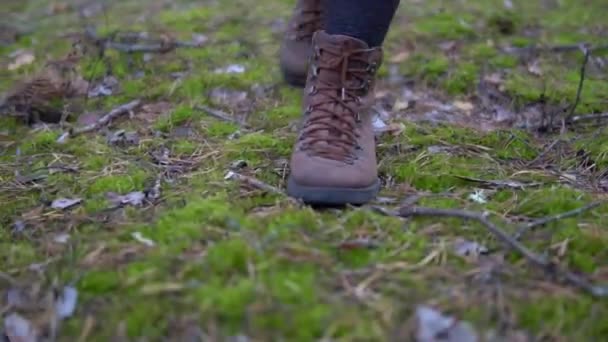 Primer plano en las piernas femeninas en botas caminando sobre musgo verde en el bosque
 - Imágenes, Vídeo