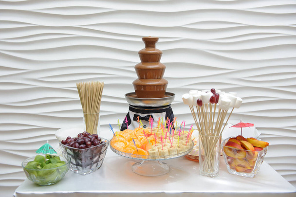 Шоколадный фонтан и стол с фруктами на фоне белой стены
 - Фото, изображение