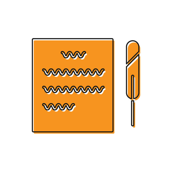 オレンジ白い背景に隔離された羽ペンと紙のスクロールアイコン。ベクターイラスト - ベクター画像