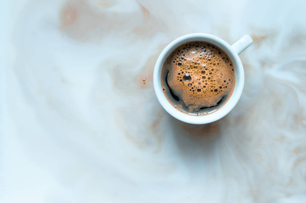 coffee white cup milk background streak foam smoke black one cappuccino inside copy space - Фото, зображення