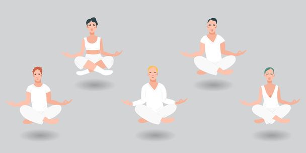 Skupina mužů a žen vznášející se ve vzduchu v lotosové pozici v bílém oblečení předvádějící vipassanskou meditaci.  - Vektor, obrázek