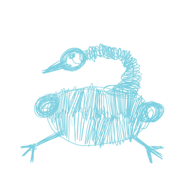 Bláznivý legrační pták sedí v aqua barvě v čmáranice ručně kreslený styl.  - Vektor, obrázek