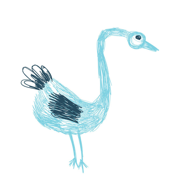 Bláznivý legrační pták stojí v modré a aqua barvy v čmáranice ručně kreslený styl. - Vektor, obrázek