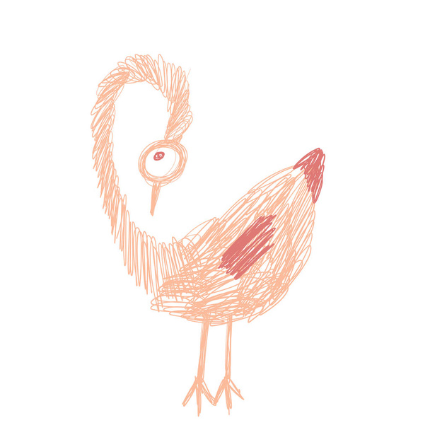 Pazzo uccello divertente guardando in basso e rimanere nei colori rosa e arancione in stile scarabocchi disegnato a mano
. - Vettoriali, immagini
