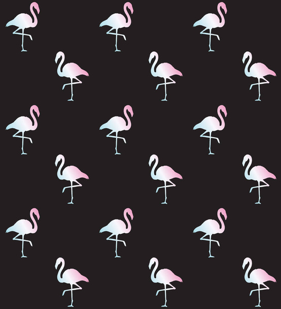 Vector seamless pattern of holographic flamingo silhouette isolated on black background - Vektori, kuva