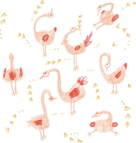 Bláznivé ptáci ruční kresba set v růžové a oranžové barvě pro děti. - Vektor, obrázek