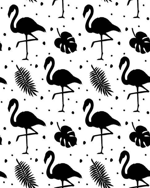 Vector seamless pattern of black flamingo and palm leaves silhouette isolated on white background - Διάνυσμα, εικόνα