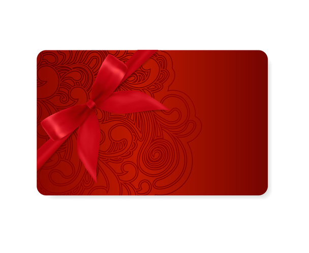 Gift coupon, gift card (discount card, business card) with floral (scroll, swirl) dark red swirl pattern (tracery). Holiday background design for Valentine's Day, voucher, invitation, ticket. Vector - Wektor, obraz