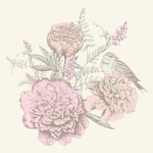 Card with birdand flower - Vector, afbeelding