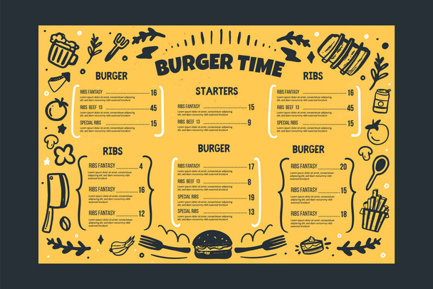 Burger Restaurant vafe Menüvorlage auf gelbem Hintergrund. Grill-BBQ-Menü, Skizze Cover-Vorlage, amerikanische Küche - Vektor, Bild