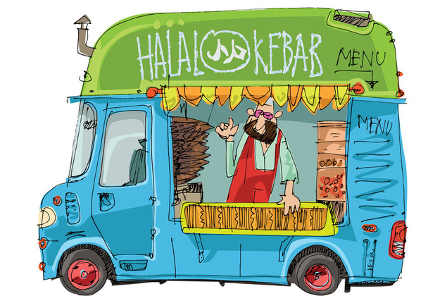 Cute halal food truck. Street food trailer with vendor inside. Eastern food chef makes kebab and grill. Cartoon. Caricature. - Vector, Image
