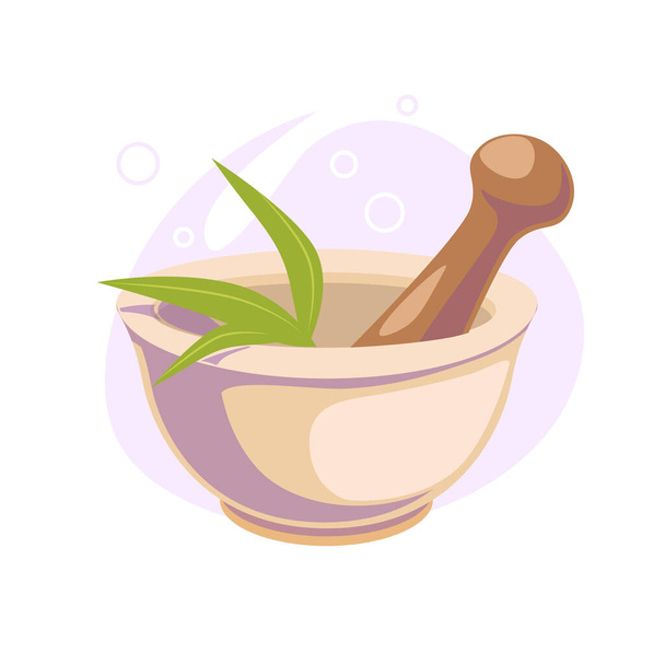 mortar and pestle cartoon flat icon. Spa, wellness, chemistry, pharmaceutical concept Illustration for social media design. Nature Health care Vector isolated object white background. Cosmetic symbol - Vector, Image