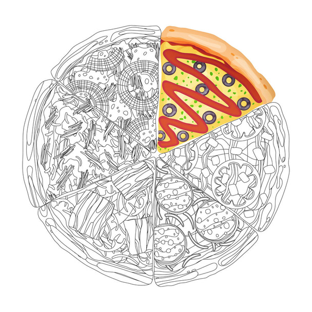 Pizza különböző szeletek felső nézet elszigetelt fehér fotó-reális és színező vektor illusztráció. - Vektor, kép