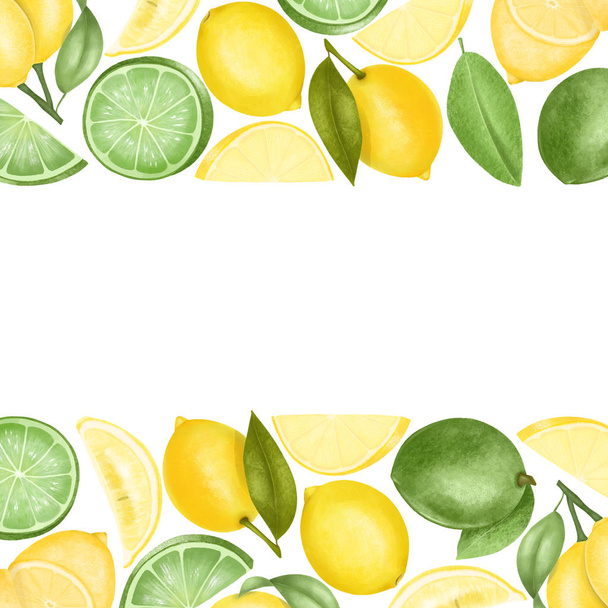 Borders of hand drawn lemons and limes, illustration on a white background - Foto, afbeelding