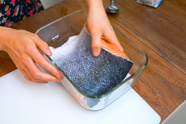 Salting salmon, Pieces of red salmon fish fillet. Red fish salin - Photo, Image