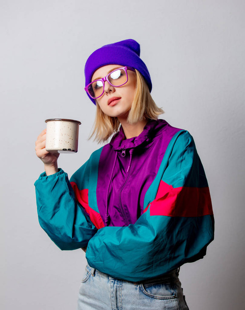 Style woman in 90s punk clothes with coffee cup  - Fotografie, Obrázek
