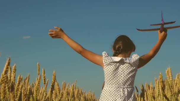 Счастливая девушка бежит с игрушечным самолетом на поле при закате солнца. Дети играют в игрушечный самолет. подросток мечтает летать и стать пилотом. Девушка хочет стать пилотом и астронавтом. Медленное движение - Кадры, видео