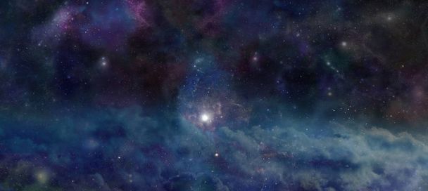 Deep Space with Cosmic Clouds Stars and Planets background - panorama of dark outer space scene  with many different stars, planets and a beautiful celestial cloud formation - Photo, Image