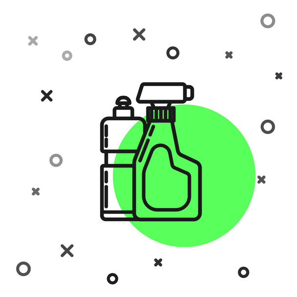 Línea negra Botellas de plástico para detergente líquido para ropa, lejía, líquido para lavar platos u otro icono de agente de limpieza aislado sobre fondo blanco. Ilustración vectorial
 - Vector, imagen