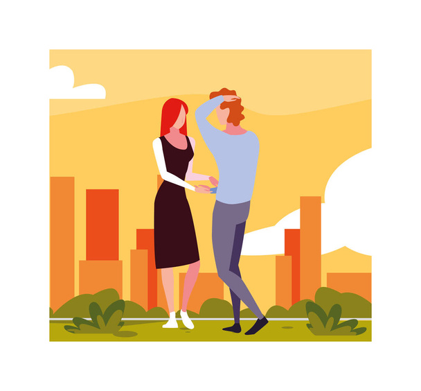 Пара влюблённых гуляющих в парке - Вектор,изображение