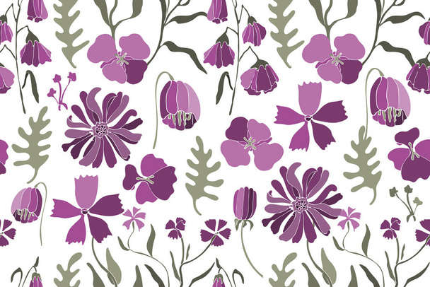 Art floral vector seamless pattern. Purple flowers, green leaves isolated on white background. Naive art, primitive scandinavian style. Endless pattern for wallpaper, fabric, textiles, accessories. - Vettoriali, immagini