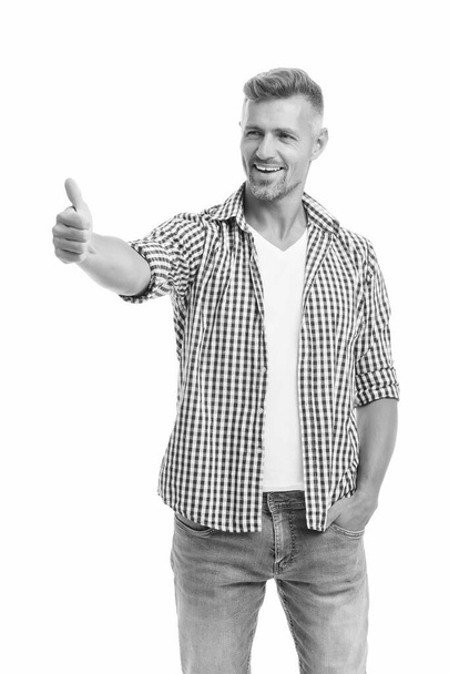 Good job. Gesturing and nonverbal communication concept. Man bearded hipster stylish beard white background. Stylish hipster appearance. Emotional expression. Thumb up. Good mood. Good sign - Foto, afbeelding