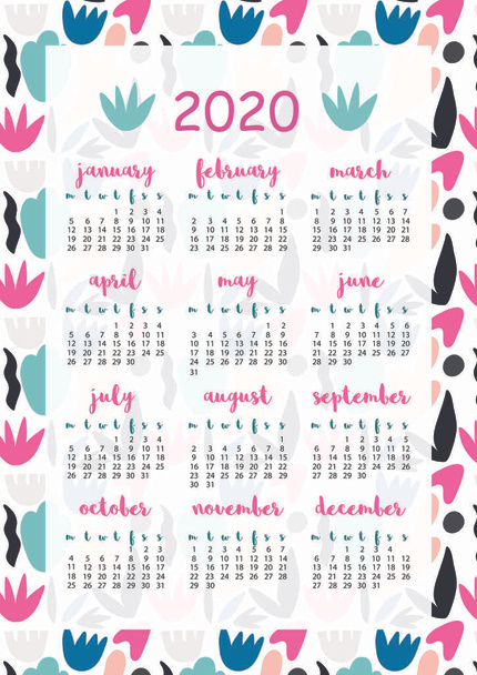 Kalender 2020 mit abstrakten Collage-Elementen, Format A4, druckbare Seite für Notizbuch, Veranstalter, Buch. - Vektor, Bild