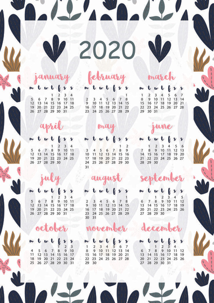 Calendario 2020 con foglie diverse, formato A4, pagina stampabile per quaderno, organizzatore, libro
. - Vettoriali, immagini