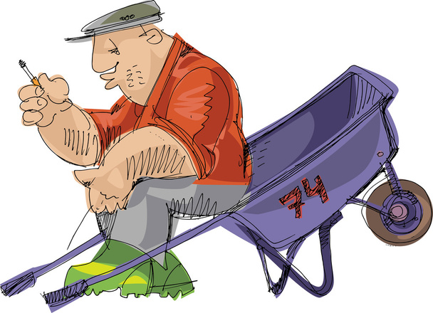 Уставший фермер, сидящий на тачке - мультфильм
 - Вектор,изображение