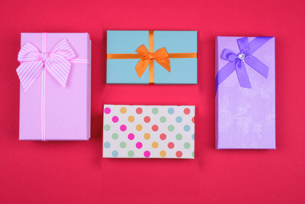 colorful rectangular gift boxes with bow. Top View. - Foto, afbeelding