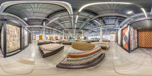 MINSK, BELARUS - MAY, 2019: Full seamless hdri panorama 360 degrees angle view inside interior of store machine knitted handmade carpets in equirectangular spherical projection for vr ar content - Foto, imagen