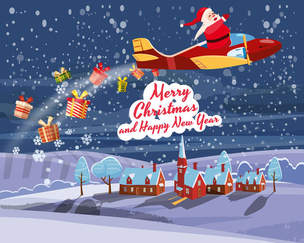 Santa Claus flying on speed retro airplane delivering gifts in the night sky over the city. Illustration vector isolated cartoon style poster banner template - Vector, Imagen