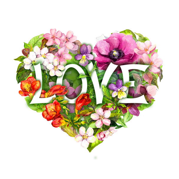 Floral heart with flowers and Love text. Watercolor - Fotografie, Obrázek