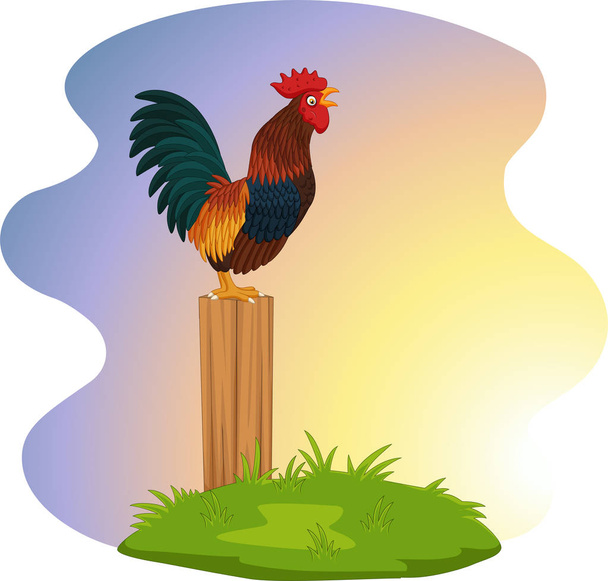 Vector illustration of Cute rooster crowing on the fence - Vector, Image