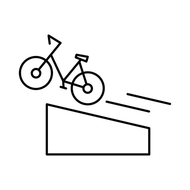 Fahrradtrick. Stadtrad beschleunigt und springt von einem Sprungbrett. gefährliche und extreme Tricks. editierbare Umrisse Strich lineares Symbol. dünner Vektor schwarze Kontur - Vektor, Bild