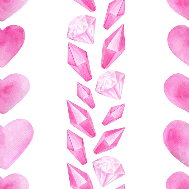 Watercolor romantic seamless pattern for Saint Valentine's Day. Hand drawn pink hearts, diamonds, crystals in line border. Elements isolated on white for greeting cards, wrapping, printing. - Photo, Image