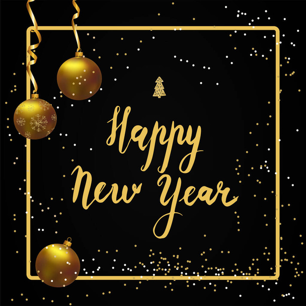 Šťastný novoroční kaligrafický nápis. zlatý míč a vánoční strom - Vektor, obrázek
