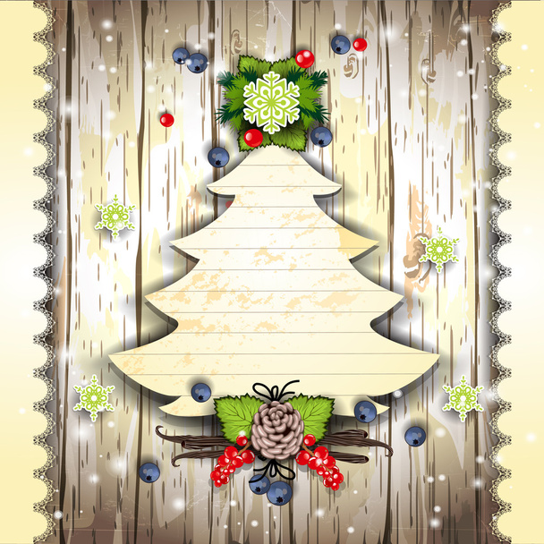 円錐形の松と漿果をつけるクリスマス ツリー カード - ベクター画像