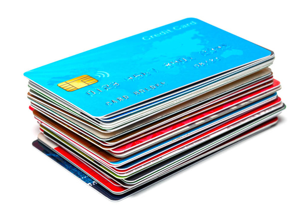 Stapel von Kreditkarten isoliert auf weißem Hintergrund - Foto, Bild