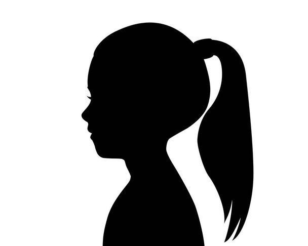 Black silhouette of a girl's head. Child profile. Long hair pulled in a ponytail. Female silhouette. Drawing isolated on a white background. Vector illustration - Vector, Image