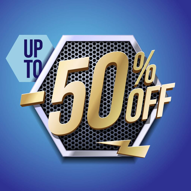 Up To 50 Off Special Offer Gold 3D Digits Banner, Template Fifty Percent. Sale, Discount. Technology. Metal, Gray, Glossy Numbers. Illustration On Blue Background. Ready For Your Design. - ベクター画像