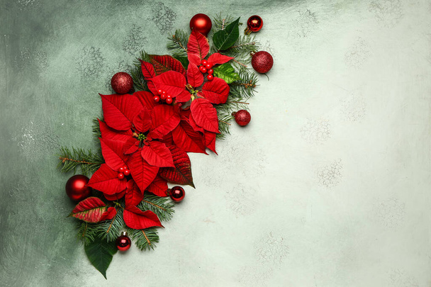 Beautiful Christmas composition with poinsettia on color background - Photo, Image