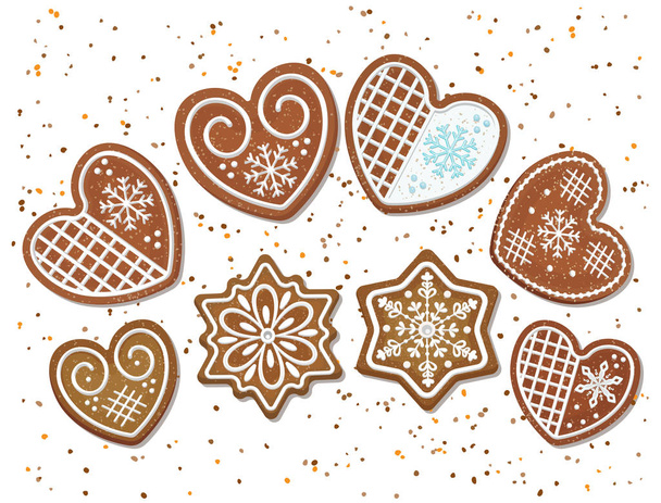 Christmas gingerbread cookies in the form of hearts and snowflakes. Vector illustration - Vector, Image
