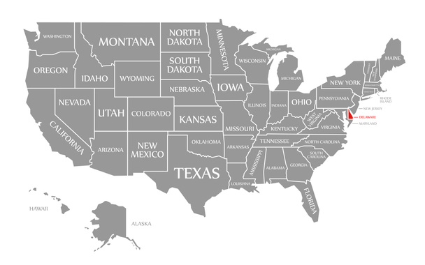delaware rot auf der Karte der Vereinigten Staaten von Amerika hervorgehoben - Foto, Bild