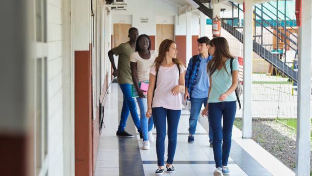 Compañeros de escuela multiétnicos caminando en el pasillo de la escuela. - Foto, imagen