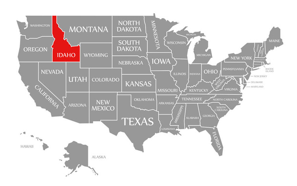 Idaho κόκκινο τονίζεται στο χάρτη των Ηνωμένων Πολιτειών της Αμερικής - Φωτογραφία, εικόνα