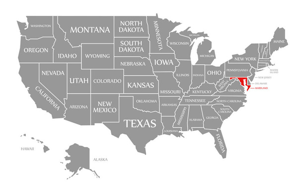 Maryland κόκκινο τονίζεται στο χάρτη των Ηνωμένων Πολιτειών της Αμερικής - Φωτογραφία, εικόνα