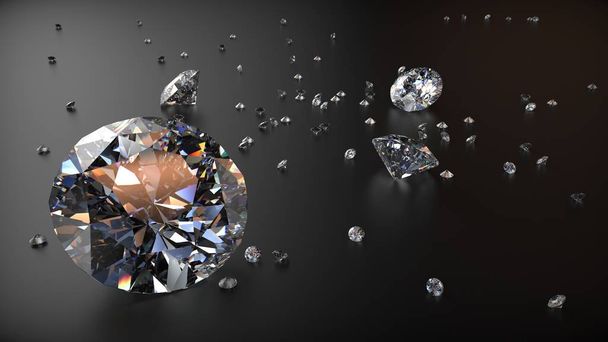 Groep Clear Diamonds op zwarte matte tafel. 3d destructie - Foto, afbeelding
